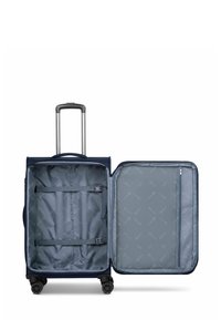 Valigia blu navy con esterno rigido, manico estensibile, quattro ruote e scomparti interni; foderata in tessuto grigio e con tasca con zip.