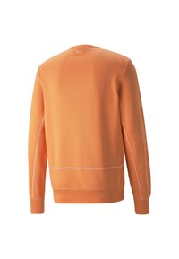 Felpa arancione con maniche lunghe, scollatura rotonda e orlo con cuciture bianche a contrasto. Tessuto dalla texture liscia.