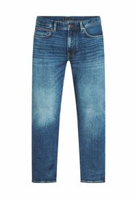 Jeans di denim blu con taglio dritto, leggera scoloritura sulle cosce, design a cinque tasche e chiusura con bottone metallico e zip.