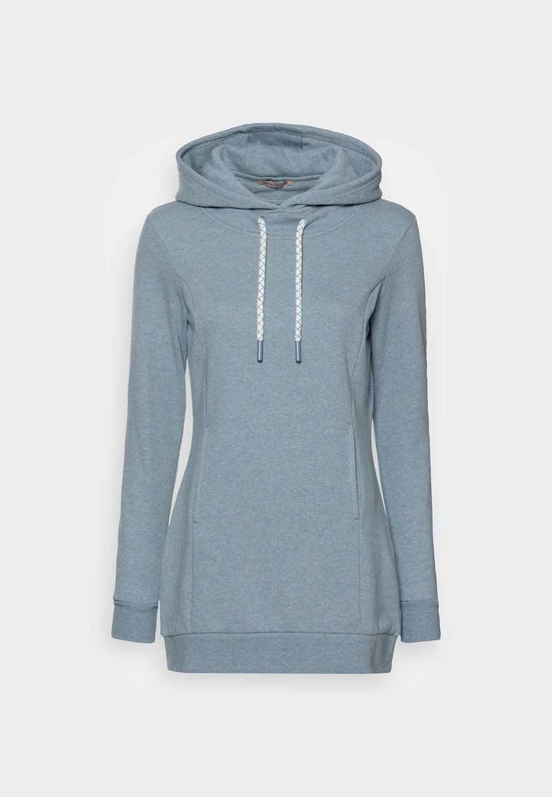 Sweat à capuche femme bleu clair avec manches longues, poches avant et cordons blancs sur la capuche, présenté sur un fond uni.