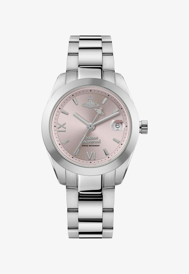 Relógio de aço inoxidável prateado com caixa redonda, mostrador metálico rosa, marcadores de horas prateados, display de data e bracelete polido.