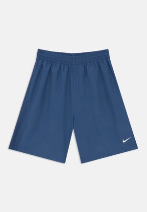 Pantaloncini sportivi blu scuro con cintura elastica e logo Nike a forma di swoosh sulla parte inferiore della gamba sinistra.