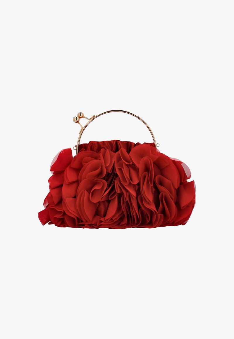 Bolso de tela roja con textura fruncida, marco de metal dorado y asa superior redondeada. Presenta un diseño fruncido con pétalos superpuestos.