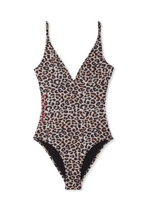 Costume intero con stampa leopardata marrone e nera e sottili spalline, caratterizzato da una profonda scollatura a V e aperture laterali degli slip ad alta linea.