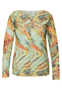 Langarmshirt aus leichtem Stoff mit einem wirbelnden Marmor-Muster in Grün, Orange und Schwarz, mit Rundhalsausschnitt und taillierter Passform.