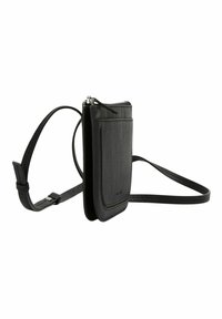 Svart lær crossbody-veske med teksturfinish, slank rektangulær form, glidelås-lukking og justerbar stropp. Har en lommepose foran.