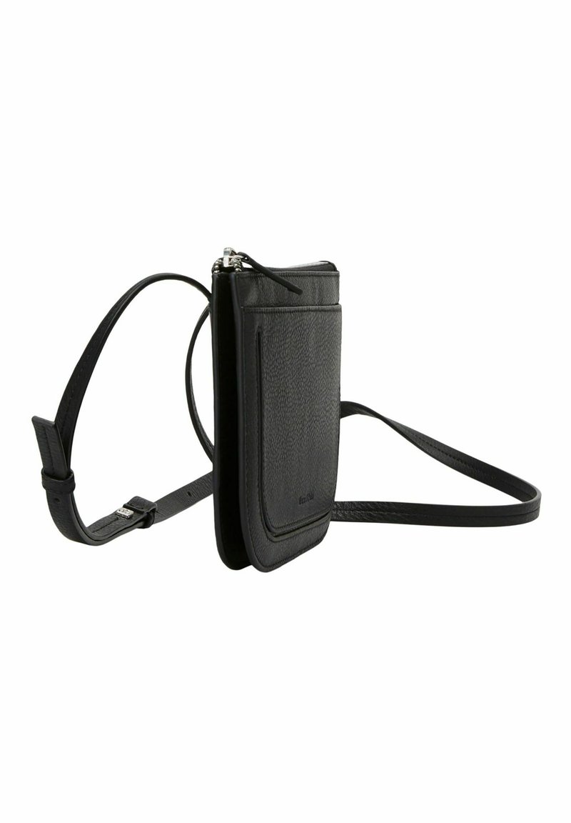 Schwarze Leder-Crossbody-Tasche mit strukturierter Oberfläche, schlanker rechteckiger Form, Reißverschluss und verstellbarem Tragegurt. Verfügt über eine Fronttasche.