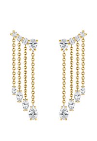Gold-tone earrings featuring cascading chains with varying sized clear crystal accents. The design includes pear and round-shaped crystals.