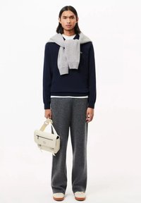 Maglione navy, sciarpa grigia a maglia poggiata sulle spalle, pantaloni grigi a gamba larga, borsa chiara con cerniera e scarpe beige con suole spesse.