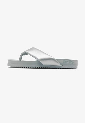 Silver flip-flop with a sleek metallic strap, textured footbed, and a ridged outsole, featuring a subtle logo on the side.