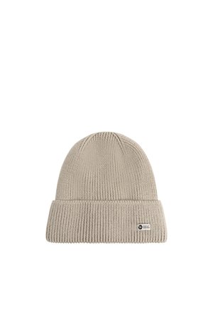 Beige gestrickte Beanie mit Umschlag und kleinem "Daily Seven" Markenlabel an der Vorderseite rechts.