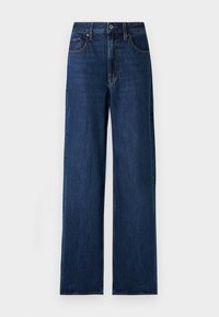 Jeans de pierna ancha en un oscuro tono azul de tela vaquera. Presentan una cintura alta, cinco bolsillos, cierre de botón y cremallera, y costuras en contraste.