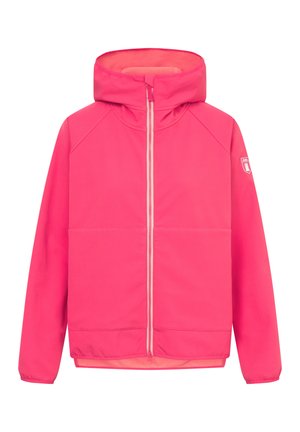 Giacca rosa brillante con cappuccio, zip completa e fodera interna a contrasto. Presenta maniche raglan e un logo sulla parte superiore del braccio. Texture liscia.