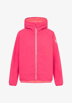 Lyserød jakke med hætte, fuld lynlås og kontrasterende indvendig foring. Har raglanærmer og et logo på overarmen. Glat tekstur.