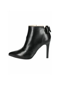 Bottine en cuir noir avec bout pointu, talon aiguille haut et un petit nœud dans le dos. Texture lisse avec peu de couture.