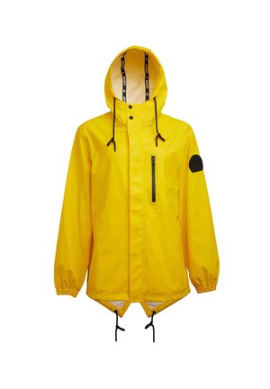 Gelbe Regenjacke mit Kapuze, elastischen Bündchen und verstellbaren Kordeln. Verfügt über eine vordere Reißverschlusstasche und einen schwarzen Akzent-Patch.