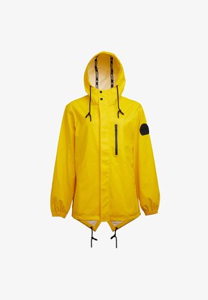 Gelbe Regenjacke mit Kapuze, elastischen Bündchen und verstellbaren Kordeln. Verfügt über eine vordere Reißverschlusstasche und einen schwarzen Akzent-Patch.