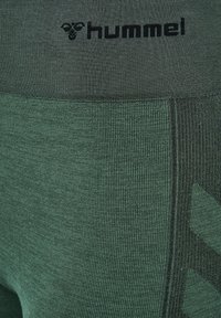 Gröna sportleggings med ribbad struktur, utrustade med en bred midjeband och en logga upptill. Sidsömmarna har en slät yta.