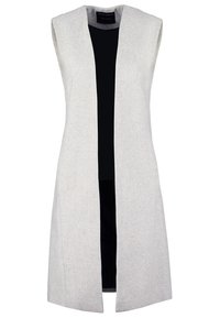 Ärmlös grå väst med öppen front, tillverkad av ett texturerat tyg. Har en kontrasterande svart innerfoder och en minimalistisk design.