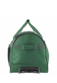 Groene rollende duffeltas met een textuur oppervlak, stevige zwarte basis, dubbele handvatten en een ritssluiting aan de bovenkant.