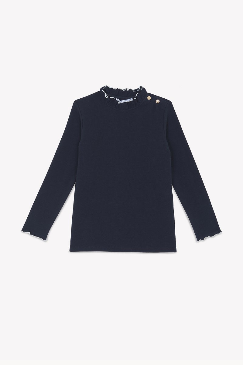 Μακρυμάνικη μπλούζα ναυτικού μπλε χρώματος με βελούδινη κολάρο και μανίκια. Διαθέτει δύο χρυσά κουμπιά στον ώμο, φτιαγμένη από μαλακό, ελαστικό ύφασμα.