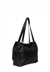 Sorth læder tote bag med dobbelte håndtag, lynlås på toppen og dekorative syninger. Har sidelommer og hardware-accents i guldfarve.