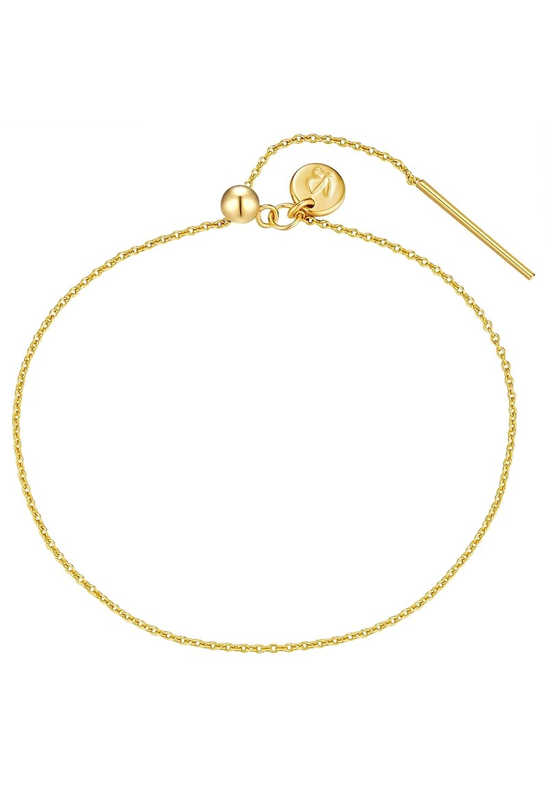 Auksinė grandinėlė su smulkiu linksnių dizainu, su apvaliu reguliuojamu užsegimu ir plonu strypu, užtikrinančiu saugų užsegimą.