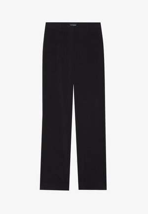 Black corduroy trousers with a straight cut, featuring a flat waistband and no visible pockets, smooth texture, and vertical ribbing detail.