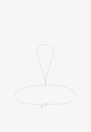 Goldfarbene Kettenhalskette mit einem schlanken, minimalistischen Design, das eine verlängerte Schlaufe und verstellbare Länge aufweist. Strukturiert links fügen Detail hinzu.