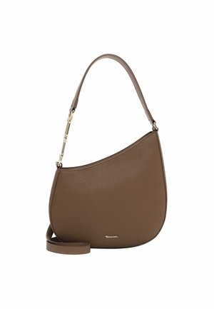 Brown leather shoulder bag with a structured, curved design, featuring a detachable strap and subtle gold hardware accents.