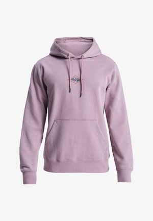 Light pink hoodie made of soft fabric, featuring a front pocket, drawstring hood, and a small diamond logo in gray and red on the chest.