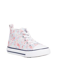 Zapatillas de caña alta con un patrón floral en rosa, azul y blanco, con cordones blancos, una puntera de goma y una suela a rayas en azul marino.