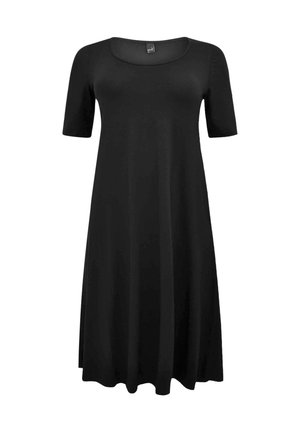 Sort knælang kjole med korte ærmer og rund halsudskæring, løs A-line pasform, ensfarvet materiale uden synlige mønstre eller udsmykninger.