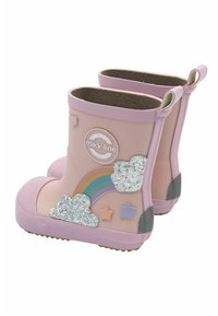 Bottes de pluie en caoutchouc rose avec des accents gris, ornées d'un arc-en-ciel scintillant, de nuages et d'étoiles. Semelles texturées pour une meilleure adhérence et facilité d'enfilage.