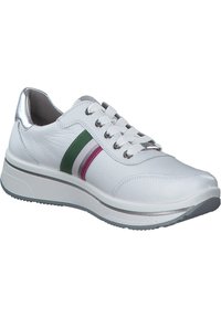 White leather sneaker with silver accents, green and purple stripes, round toe, and textured rubber sole for enhanced grip.
