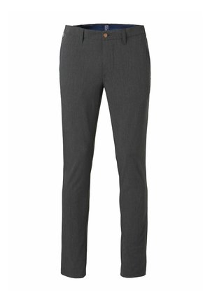 Pantalon homme slim gris foncé avec passants de ceinture, bouton sur le devant et fermeture éclair, présenté sur un fond blanc.