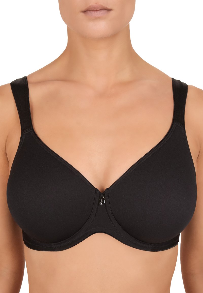 Reggiseno nero con ferretto, in tessuto liscio, con coppe sagomate, spalline regolabili e chiusura anteriore caratterizzata da un piccolo dettaglio del logo.