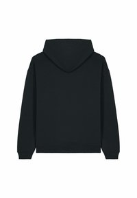 Felpa nera con cappuccio ampio, polsini e orlo a costine, e una texture di tessuto morbido. Il design è semplice, senza ulteriori decorazioni.