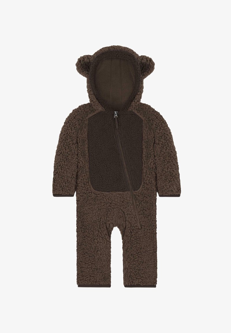 Brauner, pelziger Einteiler mit Kapuze, der über Bärenohren verfügt, einen Reißverschluss und ein einfarbiges braunes Panel auf der Vorderseite hat. Weicher Stoff überall.