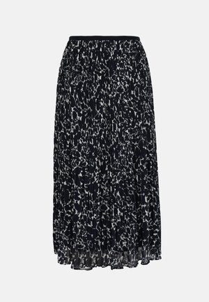 Jupe midi plissée en noir et blanc avec imprimé floral abstrait, taille élastique, ourlet fluide et tissu léger.