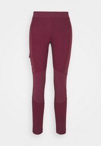 Bordeauxfärgade sportleggings med texturerad midja, meshdetaljer och en åtsittande design. Har knäpaneler för ökad flexibilitet.