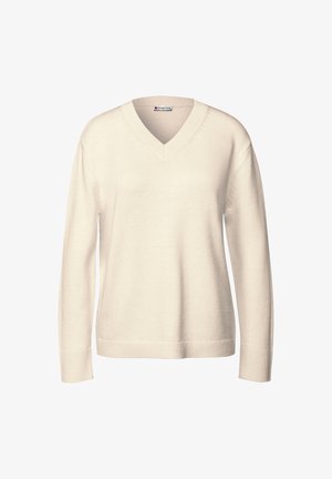 V-hals trui in crème kleur, gemaakt van zacht gebreid materiaal. Lange mouwen met geribde manchetten en onderkant, met een eenvoudig ontwerp.
