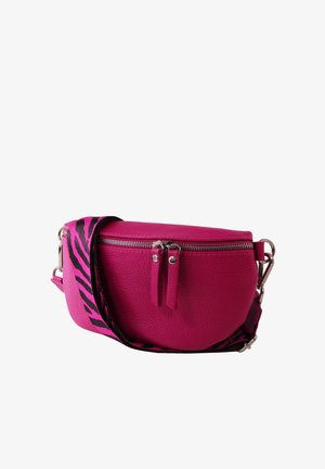 Helle pinke, strukturierte Leder-Umhängetasche mit silbernem Reißverschluss und breitem, schwarz-pink gestreiftem, zebramusterverstellbarem Schulterriemen.