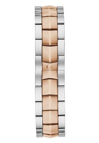 Cinturino in metallo con anelli alternativi in argento e oro rosa. Il design presenta superfici lisce e lucidate e una forma rettangolare.