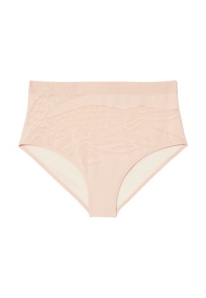 Hellrosa hoch taillierte Unterwäsche aus glattem Stoff, mit einem dezenten krokodilgeprägten Muster und elastischem Bund mit Logo.