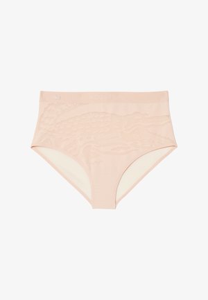 Light pink high-waisted underwear made from smooth fabric, featuring a subtle crocodile embossed design and elastic waistband with logo.