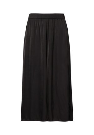 Czarna jedwabista spódnica midi z elastycznym pasem i delikatnymi plisami, zaprojektowana dla luźnego, swobodnego kroju.