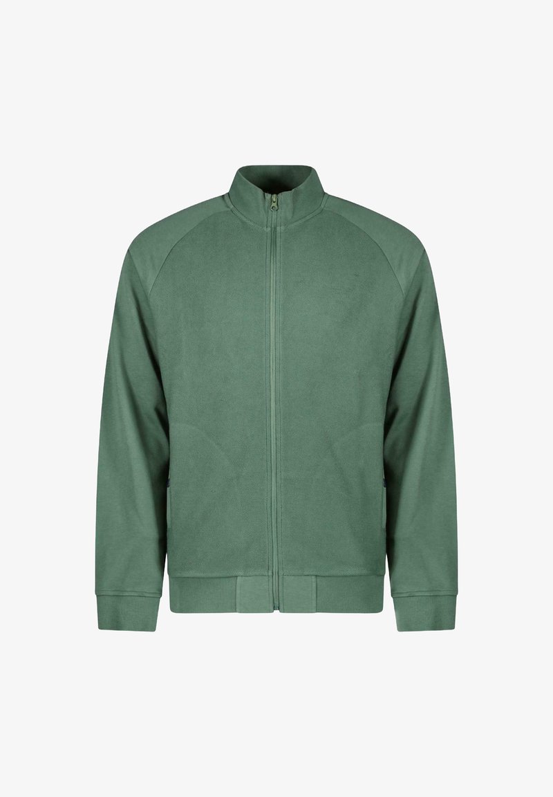 Groene zip-up jack van zacht stof, met een hoge kraag, raglanmouwen, ribgebreide manchetten en een rechte zoom.