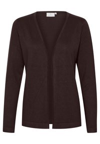 Cardigan marron foncé à ouverture frontale, manches longues, confectionné dans un tissu tricoté doux, présentant une texture légère et lisse. Aucune fermeture visible.