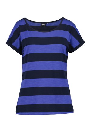 Blå och marinblå randig t-shirt med korta ärmar och rund halsringning, tillverkad av ett mjukt, lätt material. Har uppvikta ärmslut.